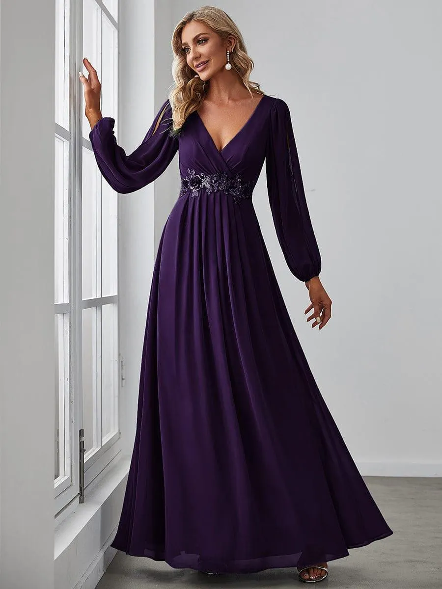 Iris | Elegant Chiffon V-Neckline Long Sleeve Formal Evening Dress