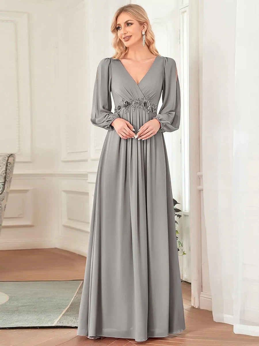 Iris | Elegant Chiffon V-Neckline Long Sleeve Formal Evening Dress