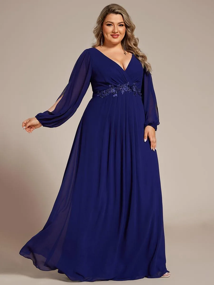 Iris | Elegant Chiffon V-Neckline Long Sleeve Formal Evening Dress