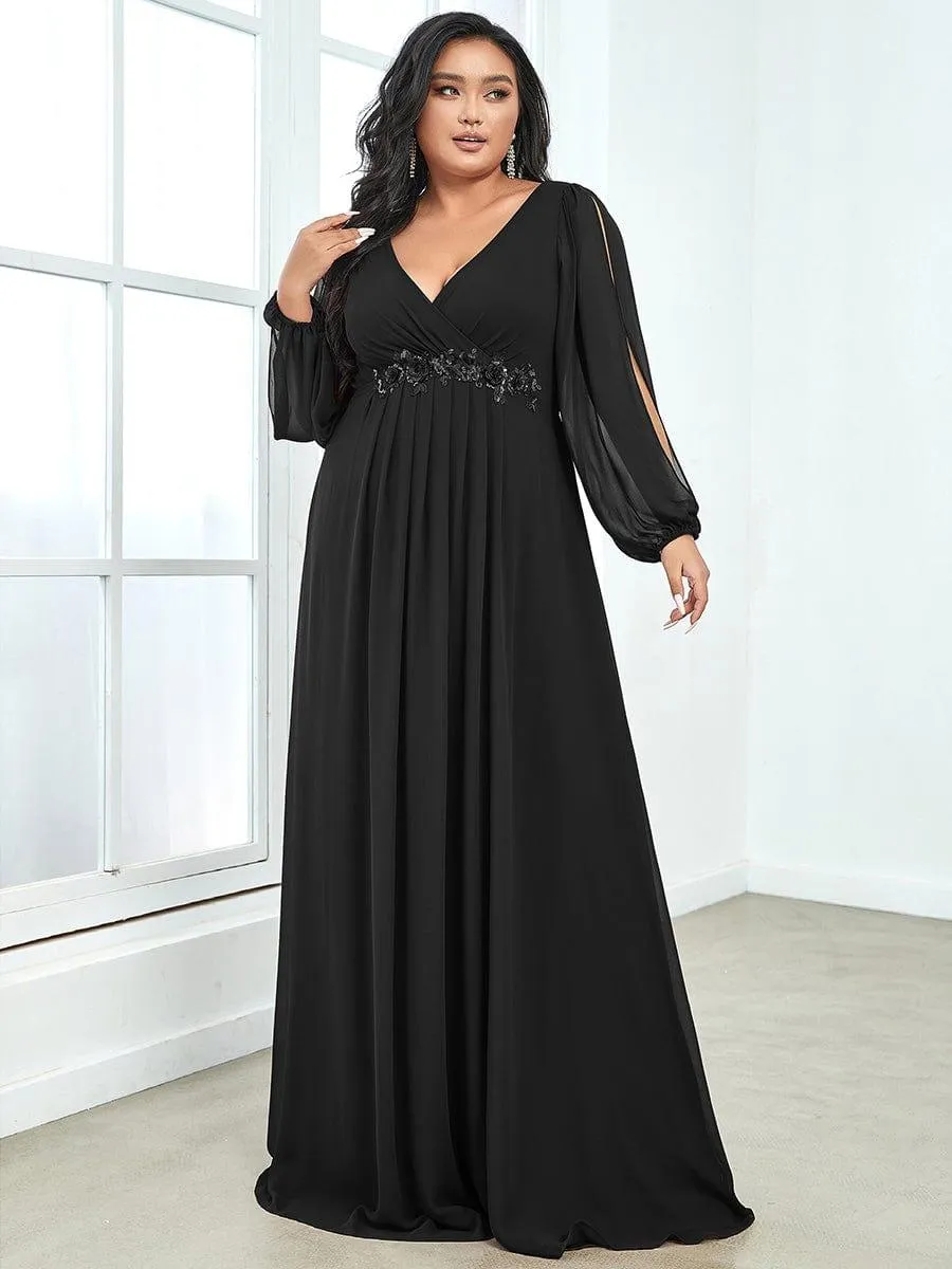 Iris | Elegant Chiffon V-Neckline Long Sleeve Formal Evening Dress
