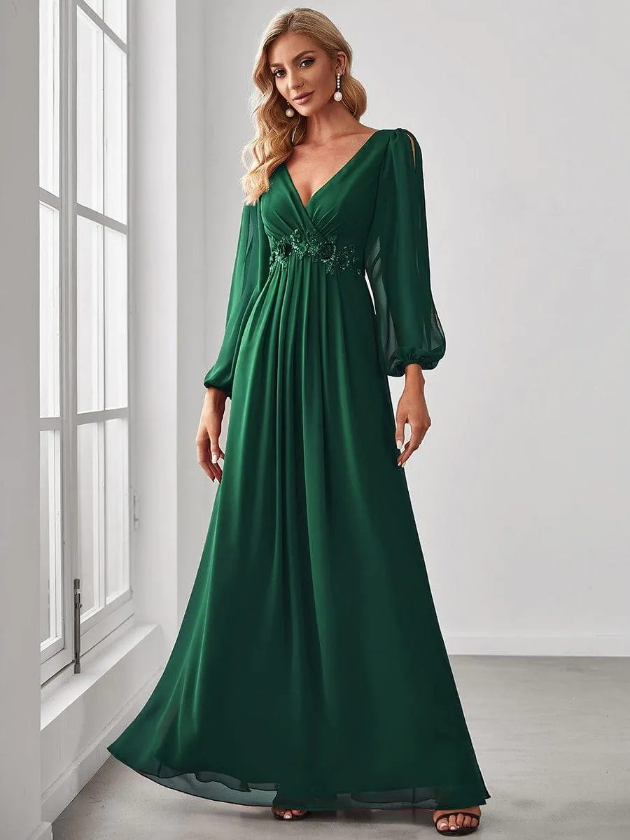 Iris | Elegant Chiffon V-Neckline Long Sleeve Formal Evening Dress