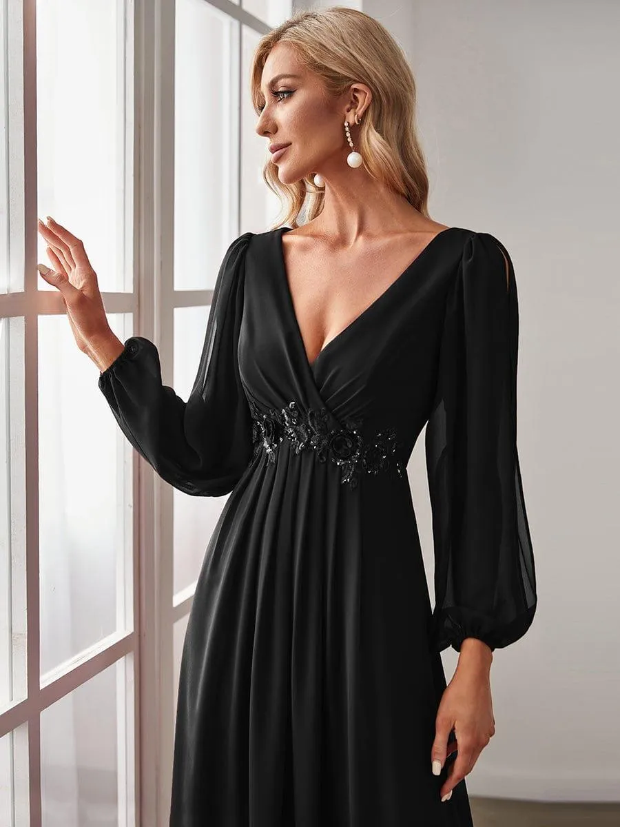 Iris | Elegant Chiffon V-Neckline Long Sleeve Formal Evening Dress