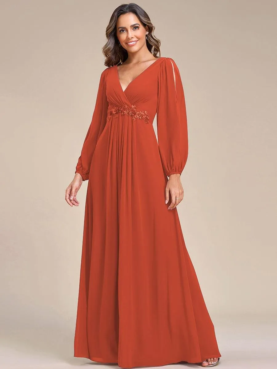 Iris | Elegant Chiffon V-Neckline Long Sleeve Formal Evening Dress