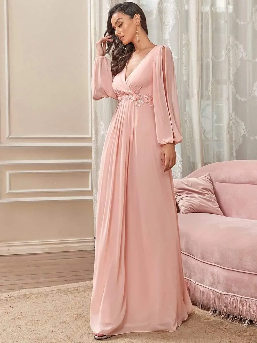 Iris | Elegant Chiffon V-Neckline Long Sleeve Formal Evening Dress