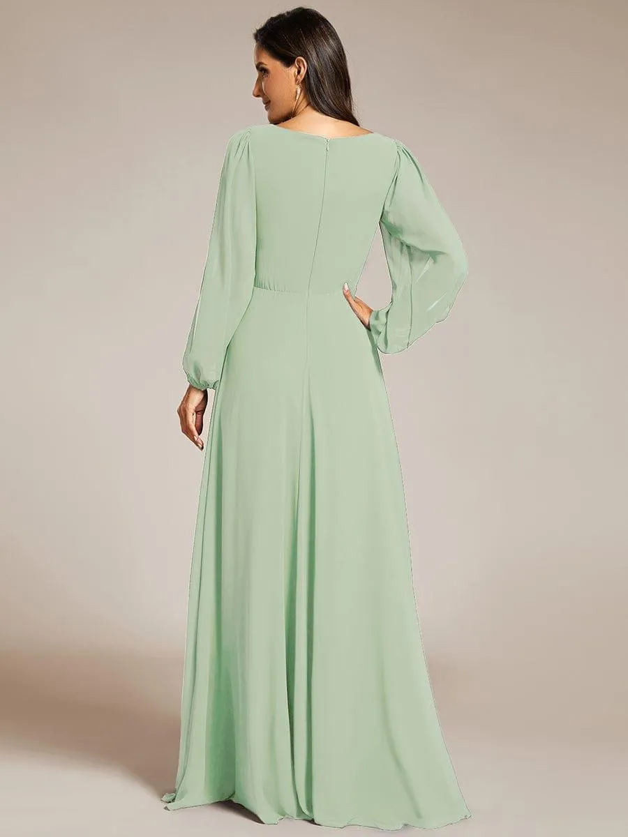 Iris | Elegant Chiffon V-Neckline Long Sleeve Formal Evening Dress
