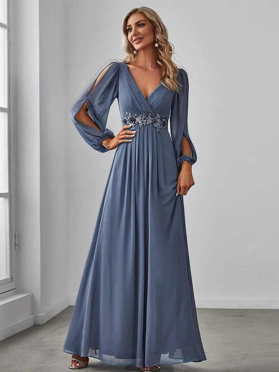 Iris | Elegant Chiffon V-Neckline Long Sleeve Formal Evening Dress
