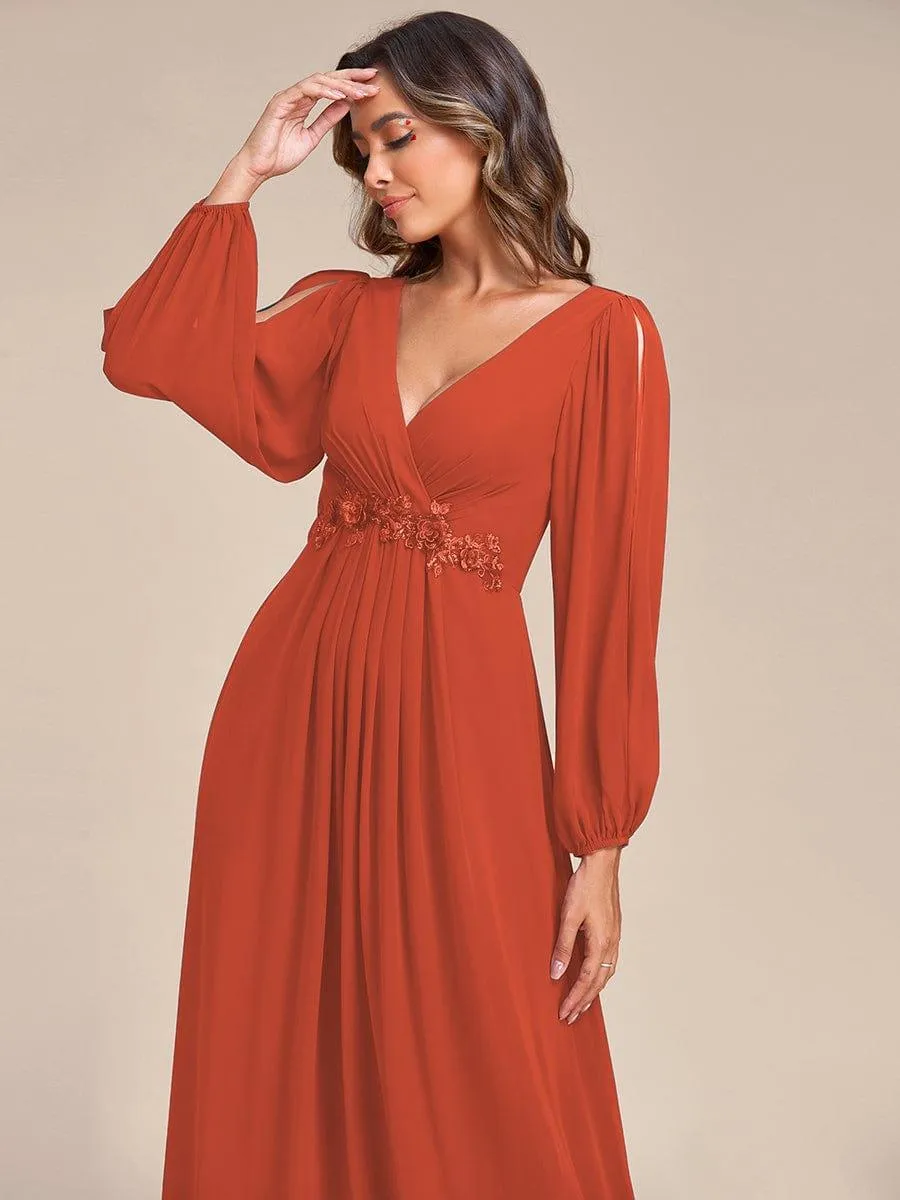 Iris | Elegant Chiffon V-Neckline Long Sleeve Formal Evening Dress