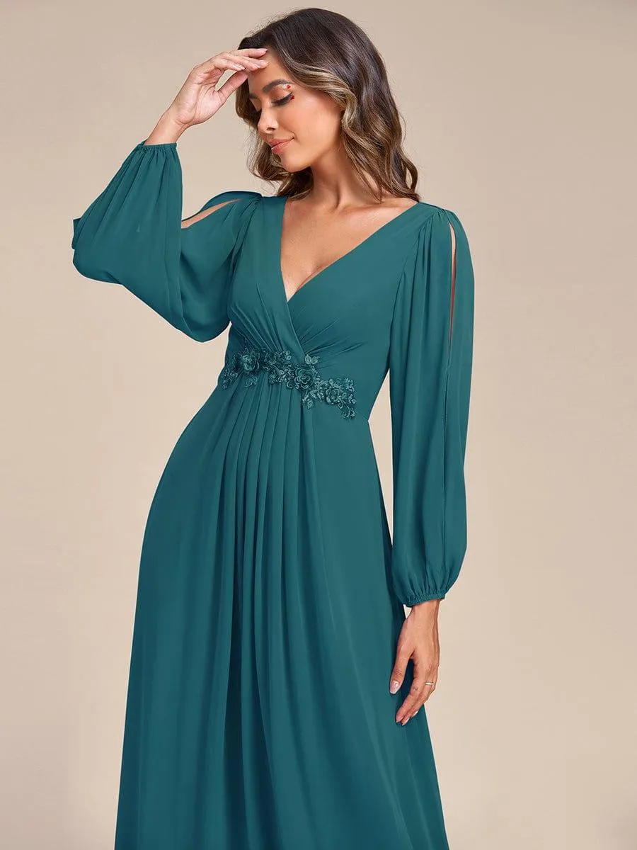 Iris | Elegant Chiffon V-Neckline Long Sleeve Formal Evening Dress