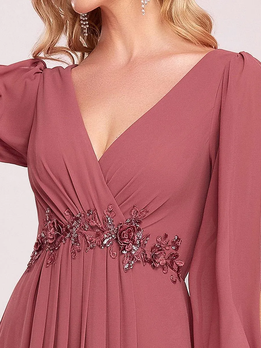 Iris | Elegant Chiffon V-Neckline Long Sleeve Formal Evening Dress