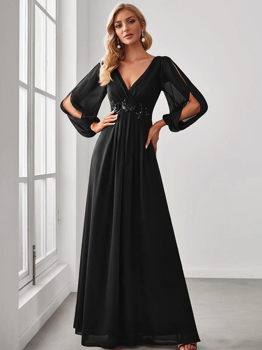 Iris | Elegant Chiffon V-Neckline Long Sleeve Formal Evening Dress