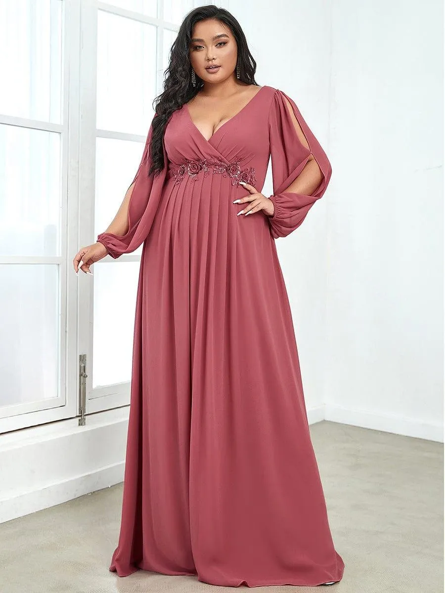 Iris | Elegant Chiffon V-Neckline Long Sleeve Formal Evening Dress