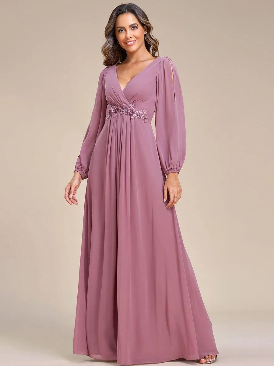 Iris | Elegant Chiffon V-Neckline Long Sleeve Formal Evening Dress
