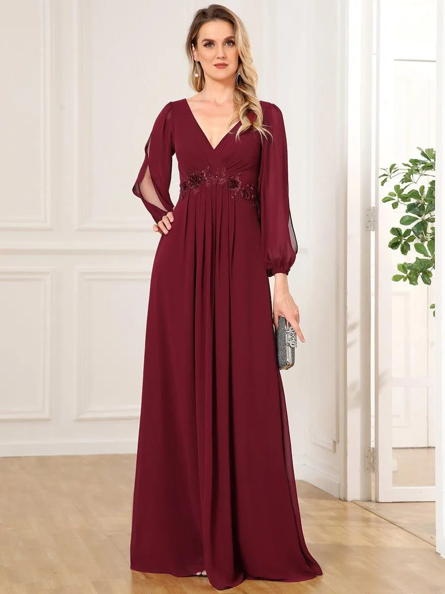 Iris | Elegant Chiffon V-Neckline Long Sleeve Formal Evening Dress