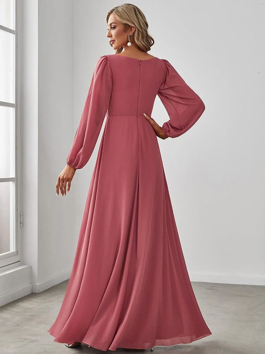 Iris | Elegant Chiffon V-Neckline Long Sleeve Formal Evening Dress