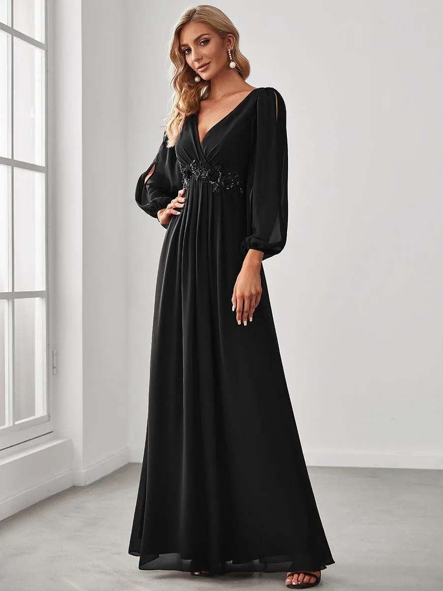 Iris | Elegant Chiffon V-Neckline Long Sleeve Formal Evening Dress