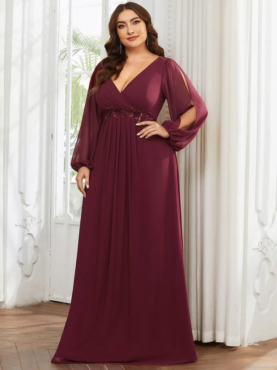Iris | Elegant Chiffon V-Neckline Long Sleeve Formal Evening Dress