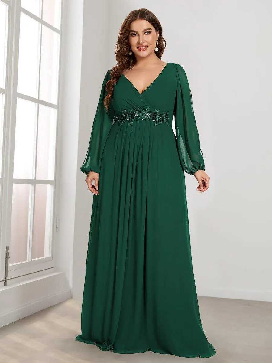Iris | Elegant Chiffon V-Neckline Long Sleeve Formal Evening Dress