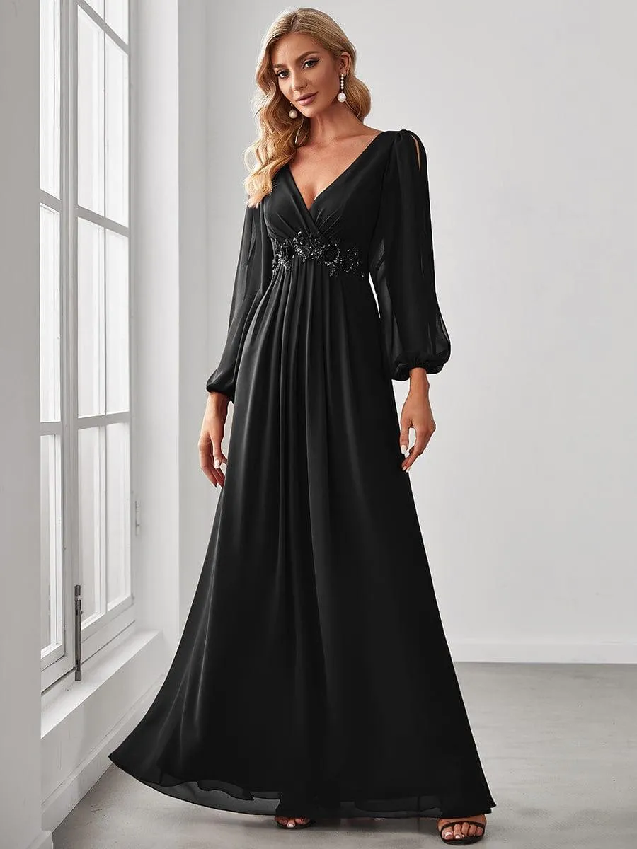 Iris | Elegant Chiffon V-Neckline Long Sleeve Formal Evening Dress