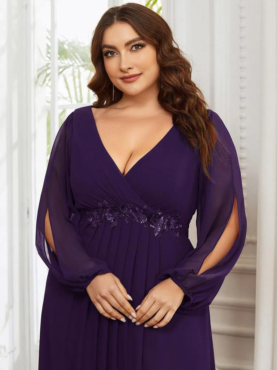 Iris | Elegant Chiffon V-Neckline Long Sleeve Formal Evening Dress