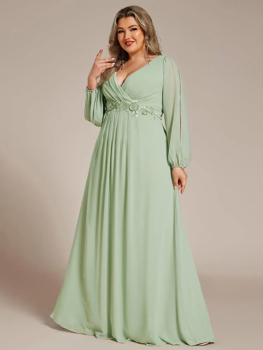 Iris | Elegant Chiffon V-Neckline Long Sleeve Formal Evening Dress