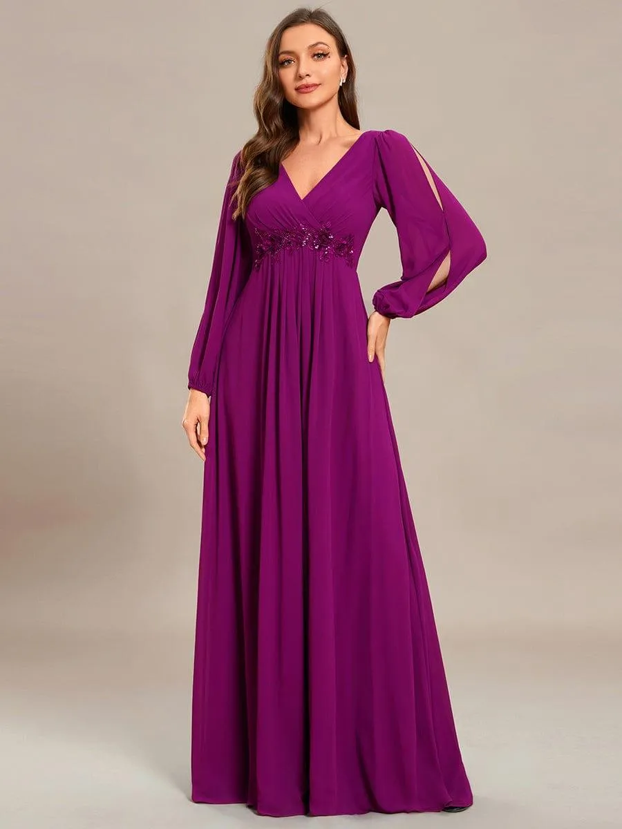 Iris | Elegant Chiffon V-Neckline Long Sleeve Formal Evening Dress