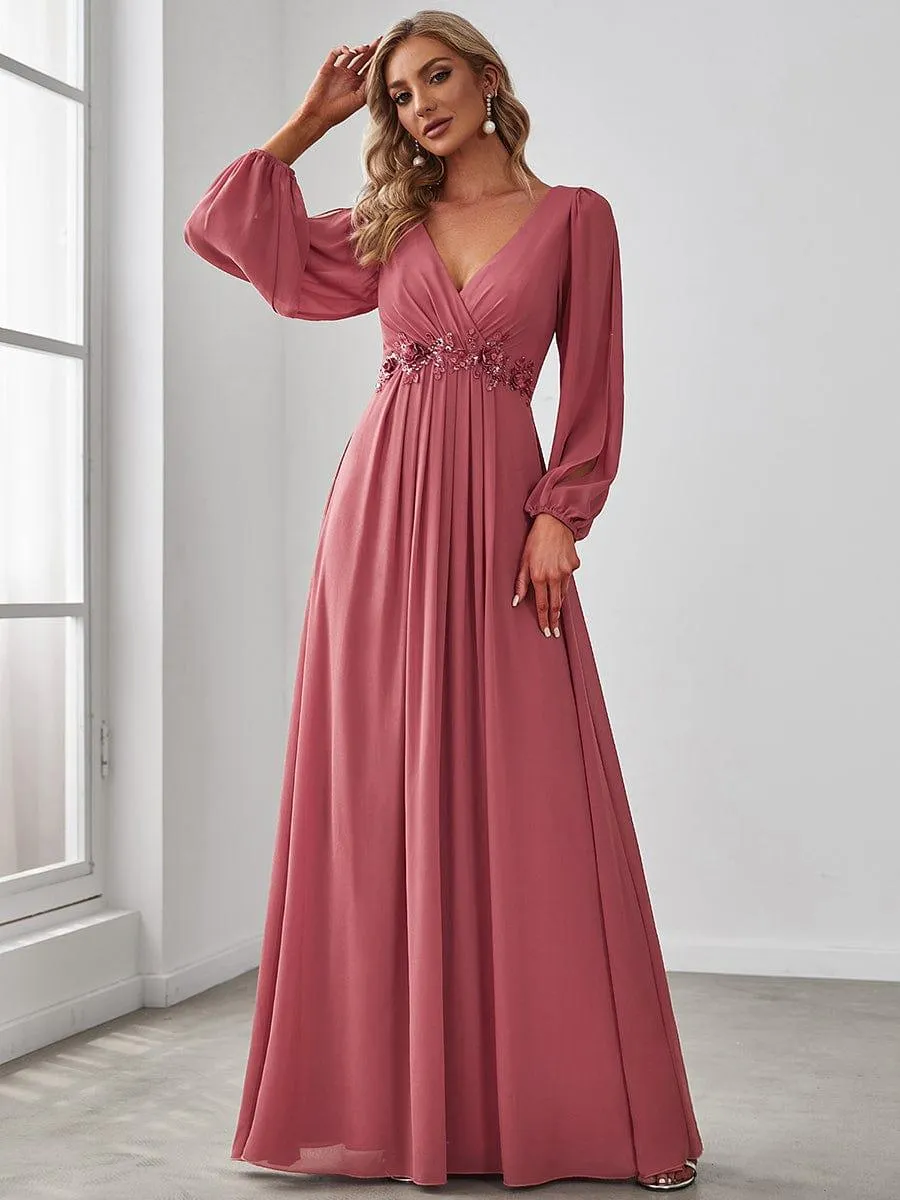 Iris | Elegant Chiffon V-Neckline Long Sleeve Formal Evening Dress