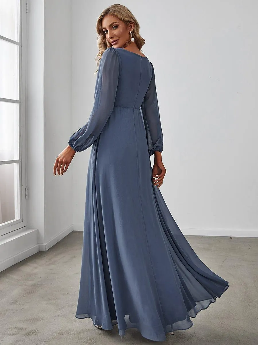 Iris | Elegant Chiffon V-Neckline Long Sleeve Formal Evening Dress