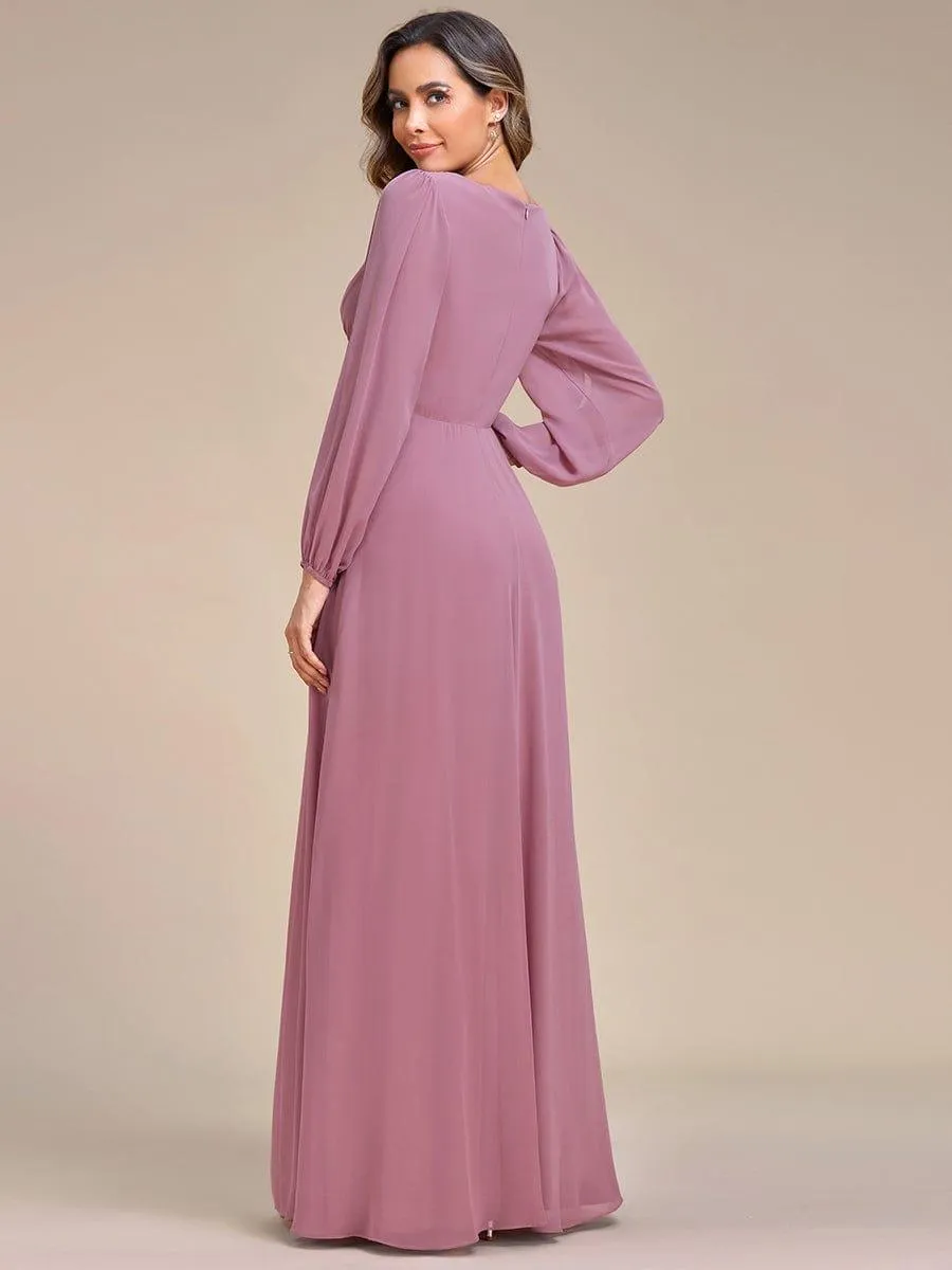 Iris | Elegant Chiffon V-Neckline Long Sleeve Formal Evening Dress