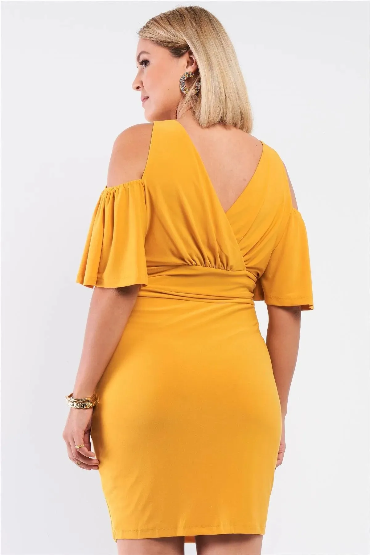 Junior Plus Mustard Yellow Off-The-Shoulder Plunging Wrap V-Neck Fitted Mini Dress /1-1-1