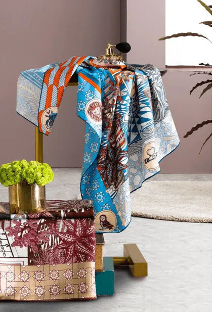Lady's Square Mulberry Twill Silk Scarf, Square 88cm*88cm, Blue Printed