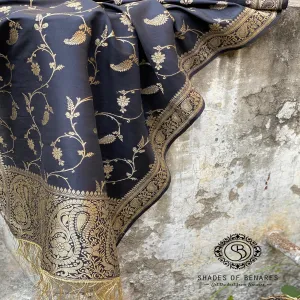 Luxurious Black Banarasi Handloom Kadhwa Silk Scarf