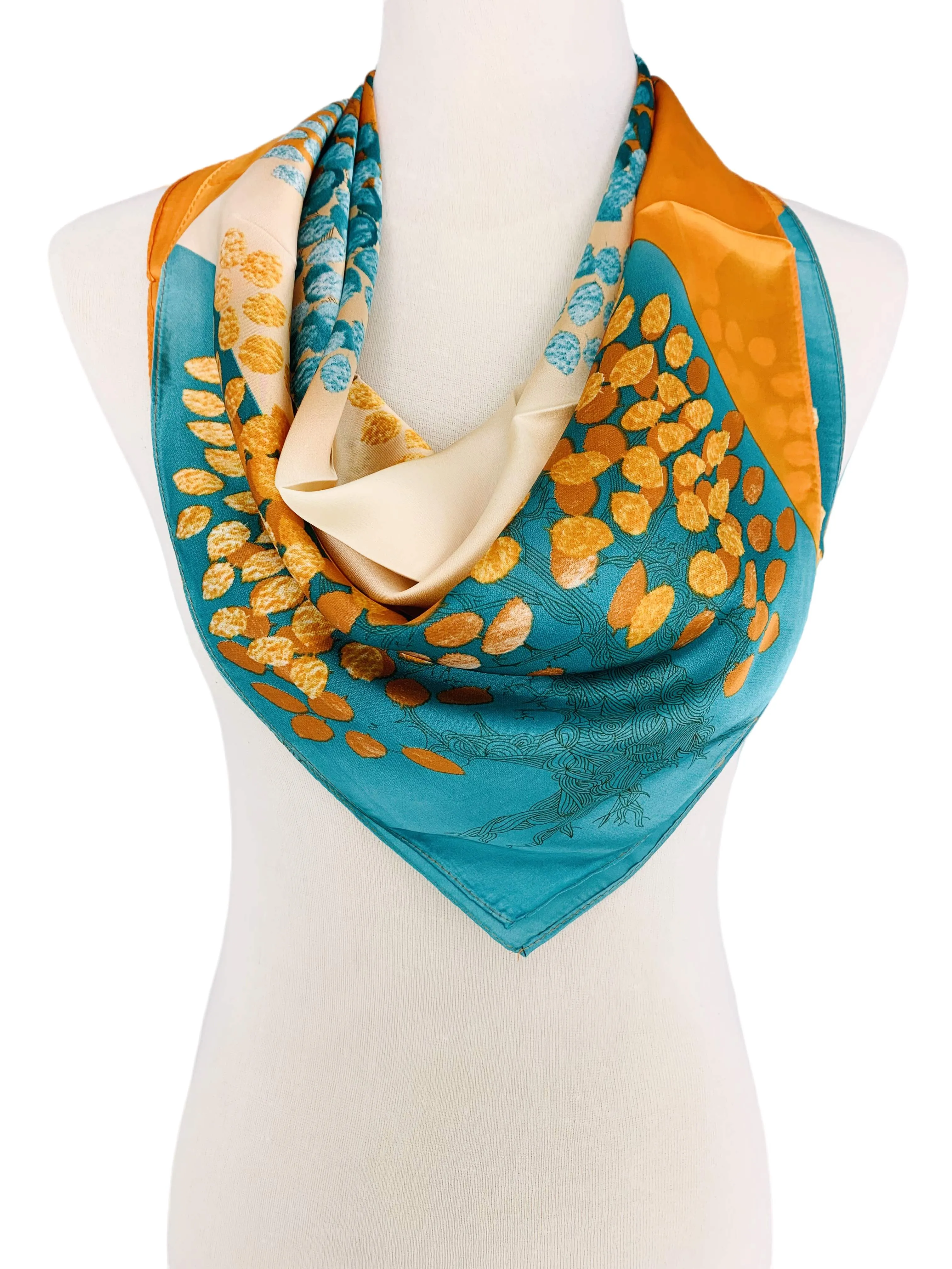 Luxurious Silk-Feel Square Scarf--Orange & Teal Leaves