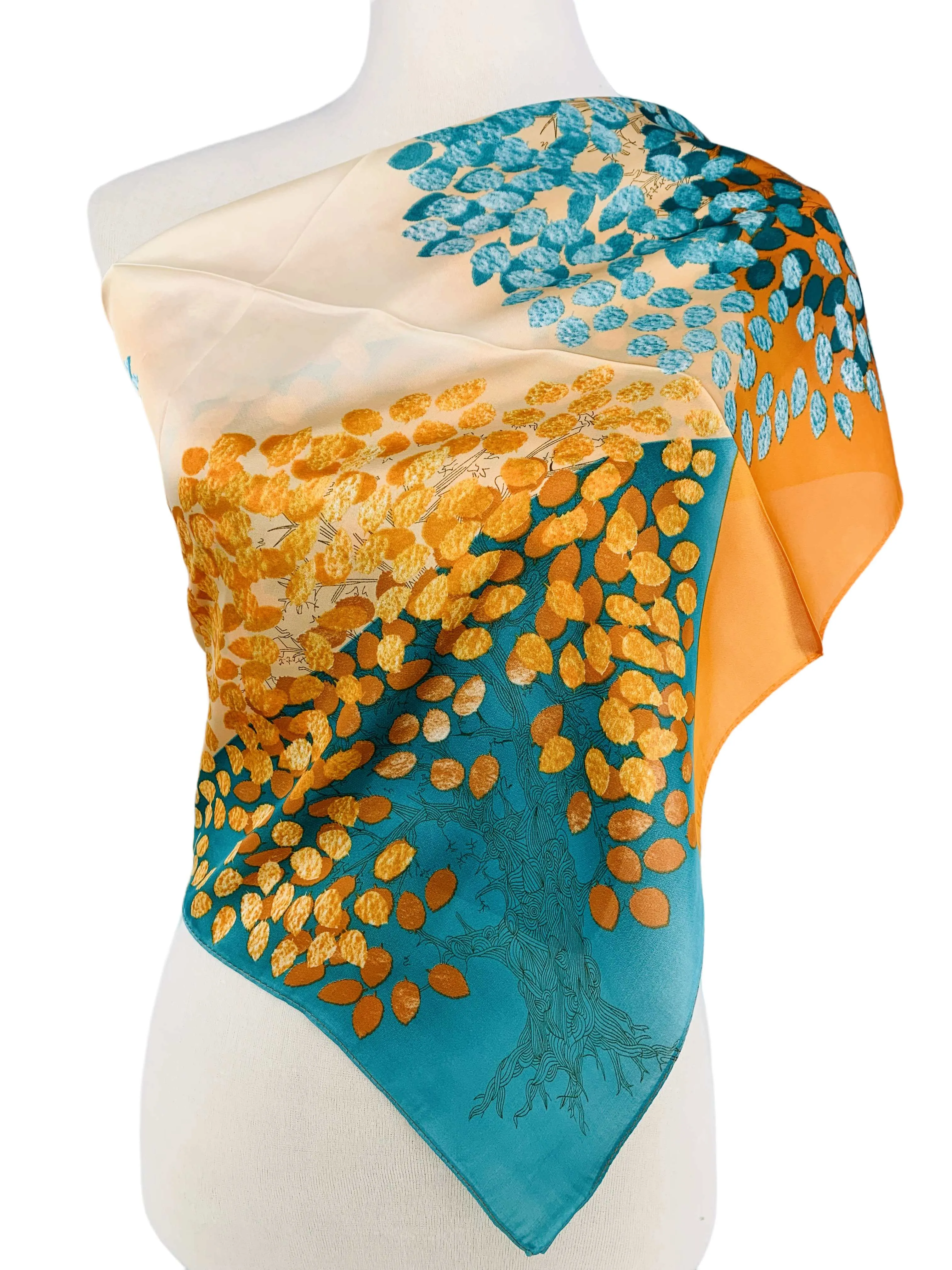 Luxurious Silk-Feel Square Scarf--Orange & Teal Leaves