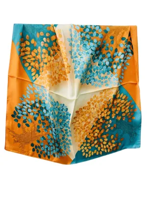 Luxurious Silk-Feel Square Scarf--Orange & Teal Leaves