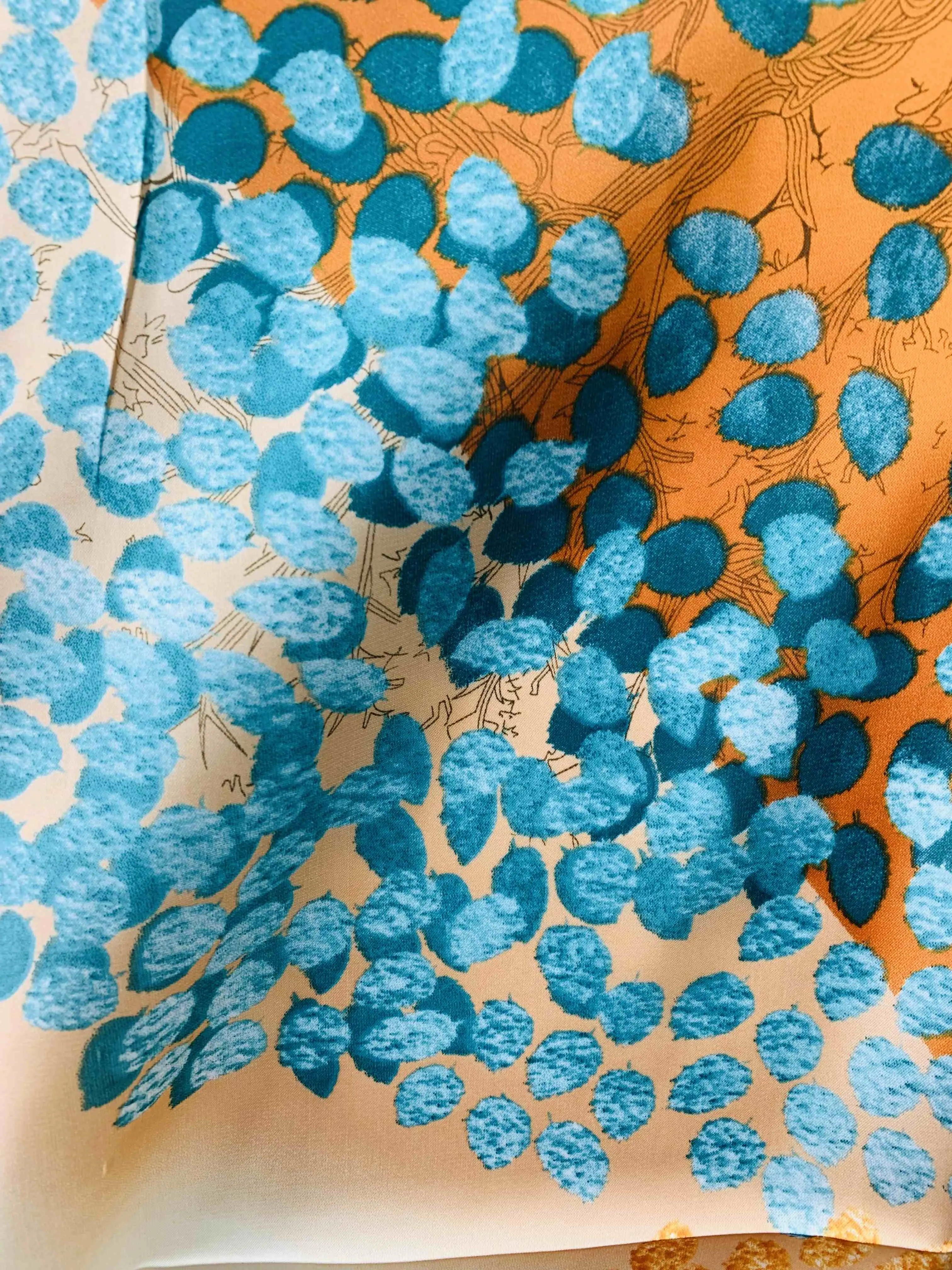 Luxurious Silk-Feel Square Scarf--Orange & Teal Leaves