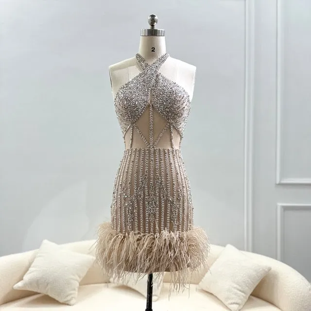 Luxury Feathers Nude Halter Short Cocktail Party Dress SS172