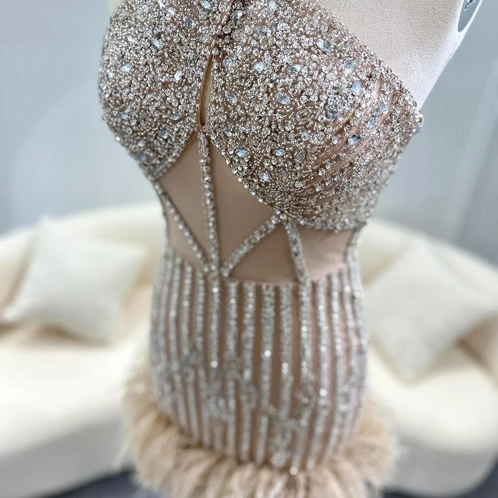 Luxury Feathers Nude Halter Short Cocktail Party Dress SS172