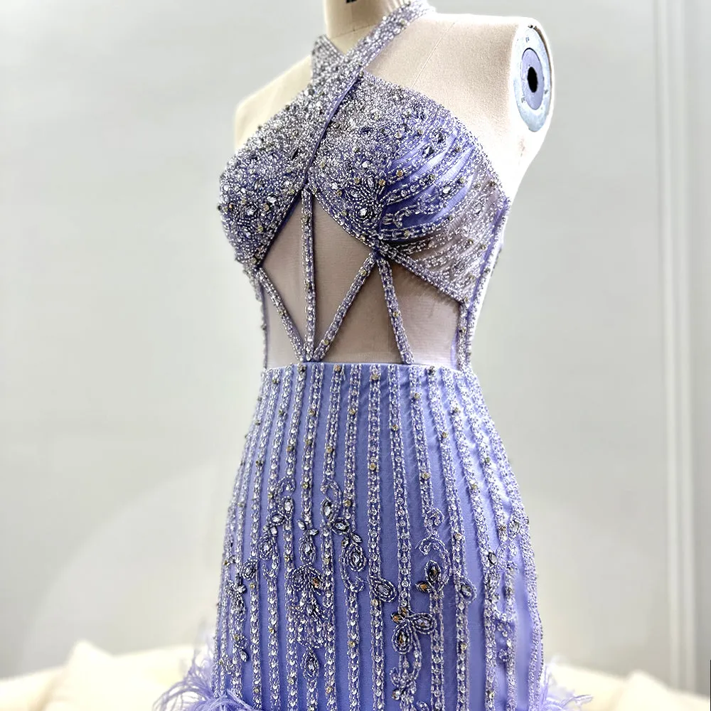 Luxury Feathers Nude Halter Short Cocktail Party Dress SS172