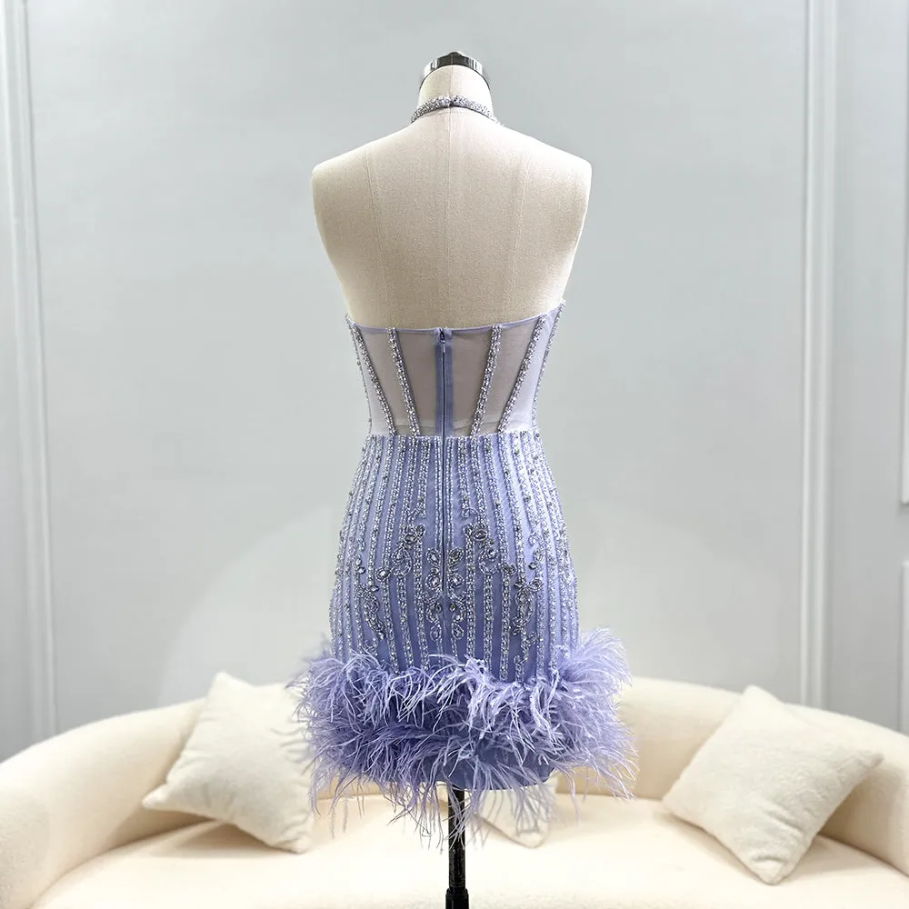 Luxury Feathers Nude Halter Short Cocktail Party Dress SS172