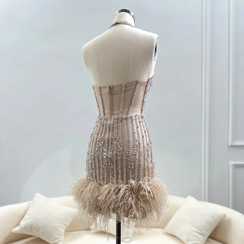 Luxury Feathers Nude Halter Short Cocktail Party Dress SS172