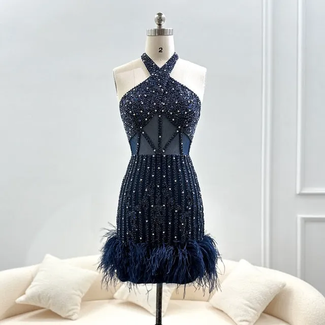 Luxury Feathers Nude Halter Short Cocktail Party Dress SS172
