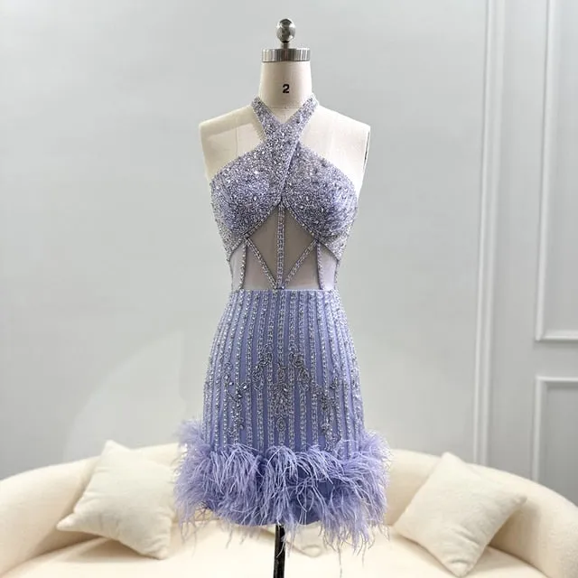 Luxury Feathers Nude Halter Short Cocktail Party Dress SS172