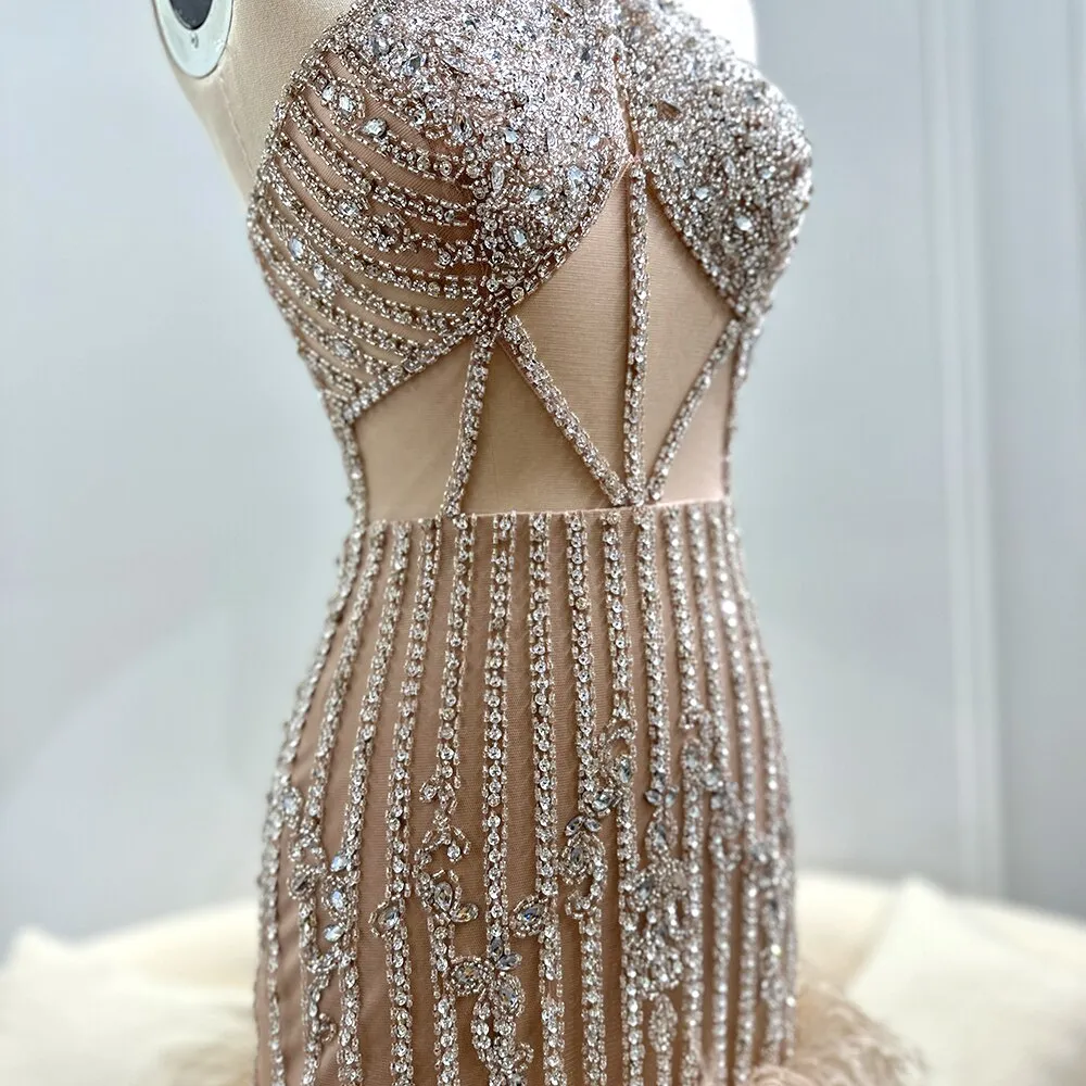 Luxury Feathers Nude Halter Short Cocktail Party Dress SS172