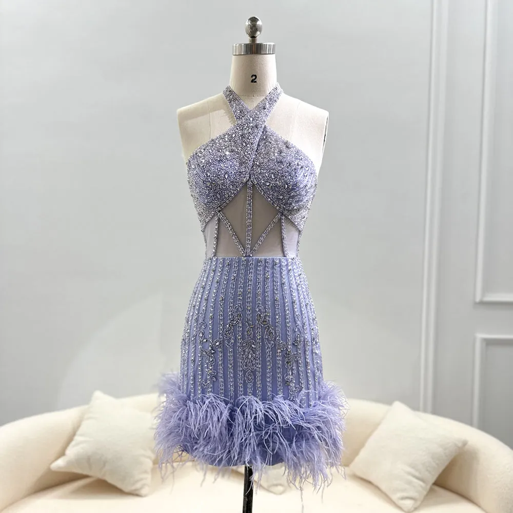 Luxury Feathers Nude Halter Short Cocktail Party Dress SS172