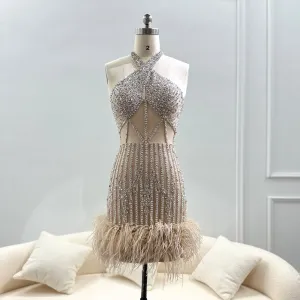 Luxury Feathers Nude Halter Short Cocktail Party Dress SS172