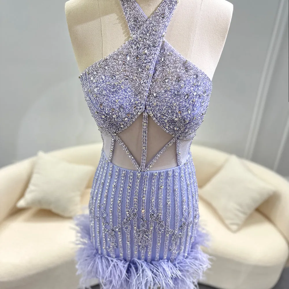 Luxury Feathers Nude Halter Short Cocktail Party Dress SS172
