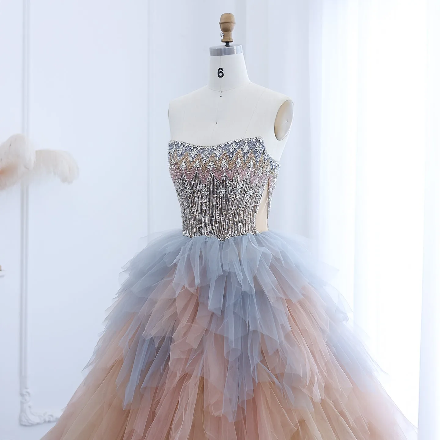 Luxury Rose Gold Ruffles Ball Gown Evening Dress SS531