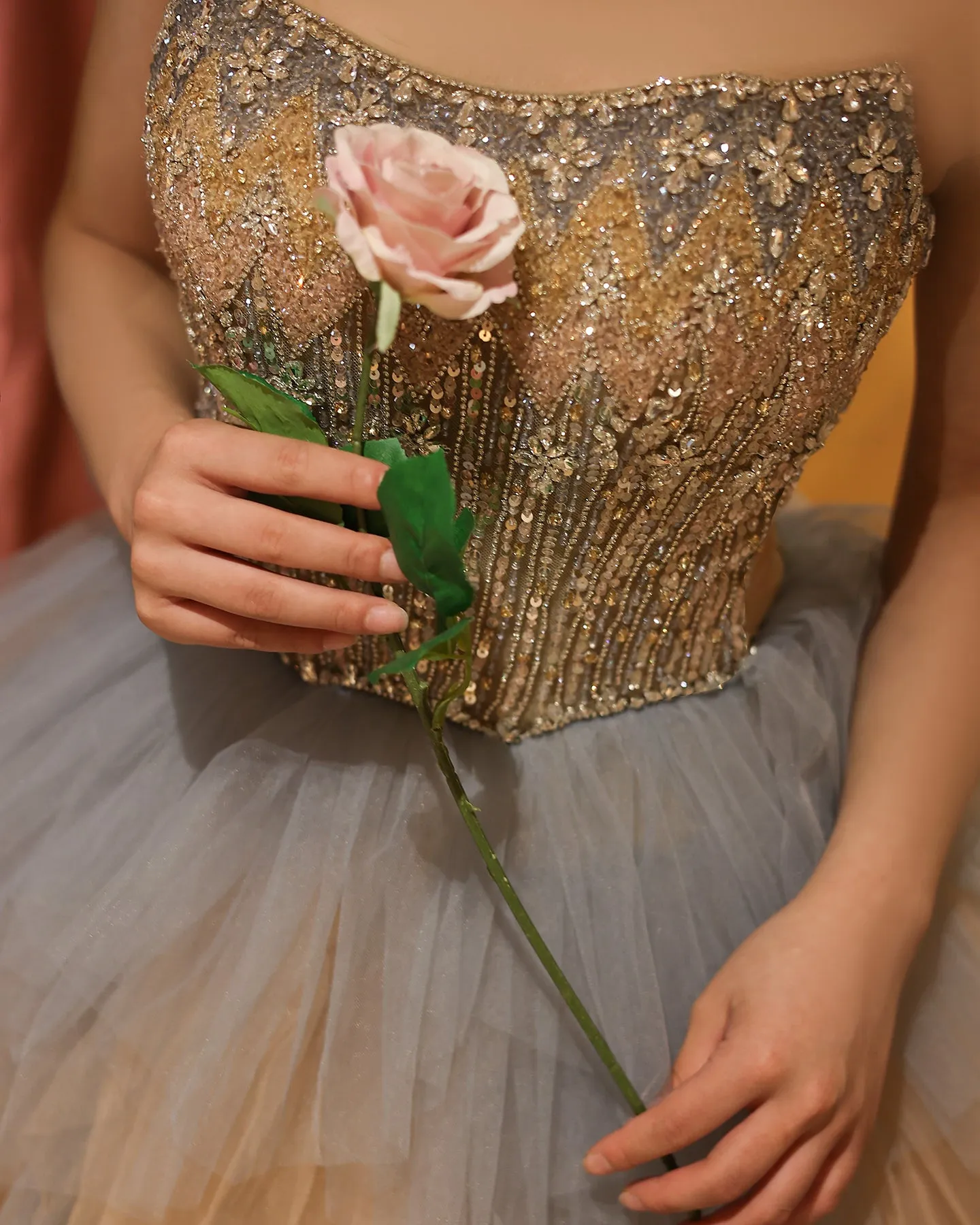 Luxury Rose Gold Ruffles Ball Gown Evening Dress SS531