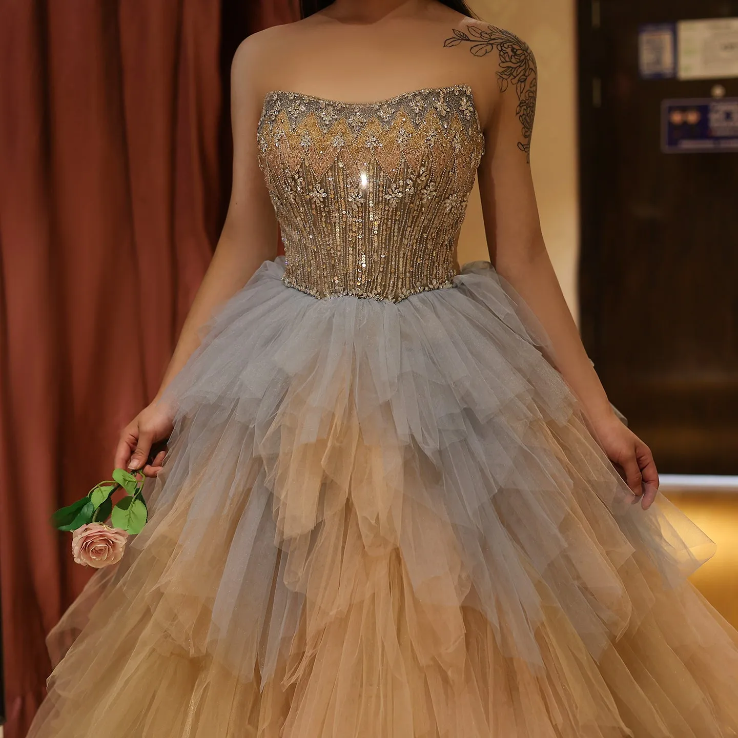 Luxury Rose Gold Ruffles Ball Gown Evening Dress SS531
