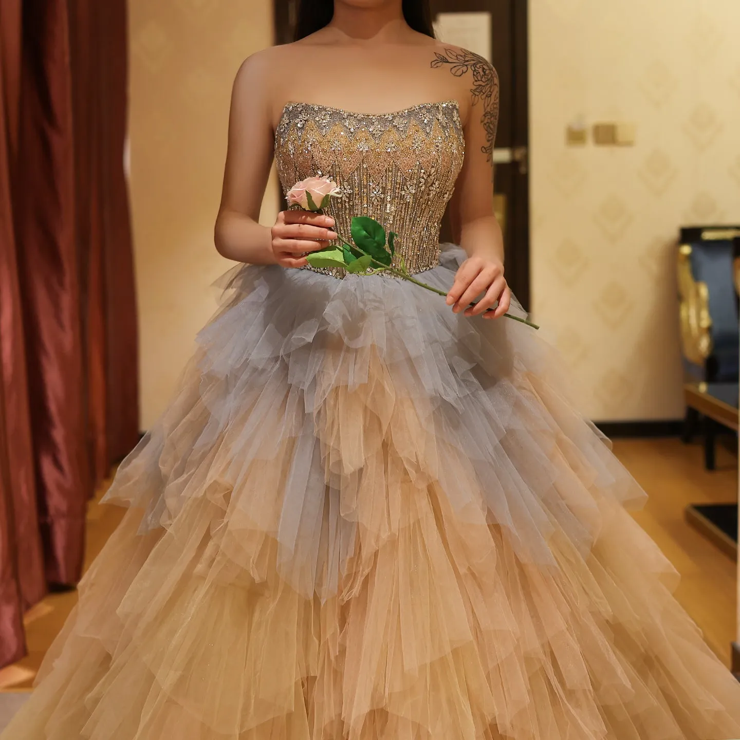 Luxury Rose Gold Ruffles Ball Gown Evening Dress SS531